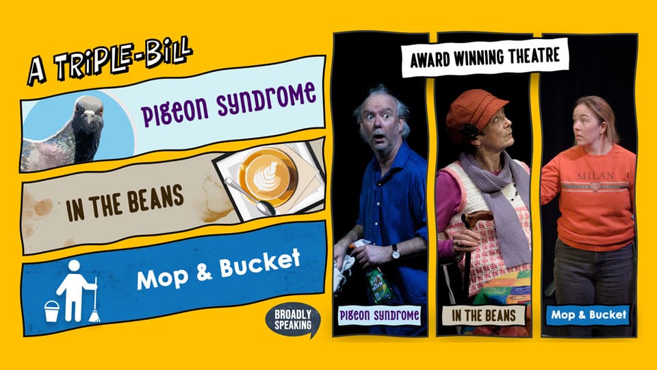 A graphic on a yellow background showing three actors pulling shocked faces. The titles of each play are written on the left, these are repeated below.